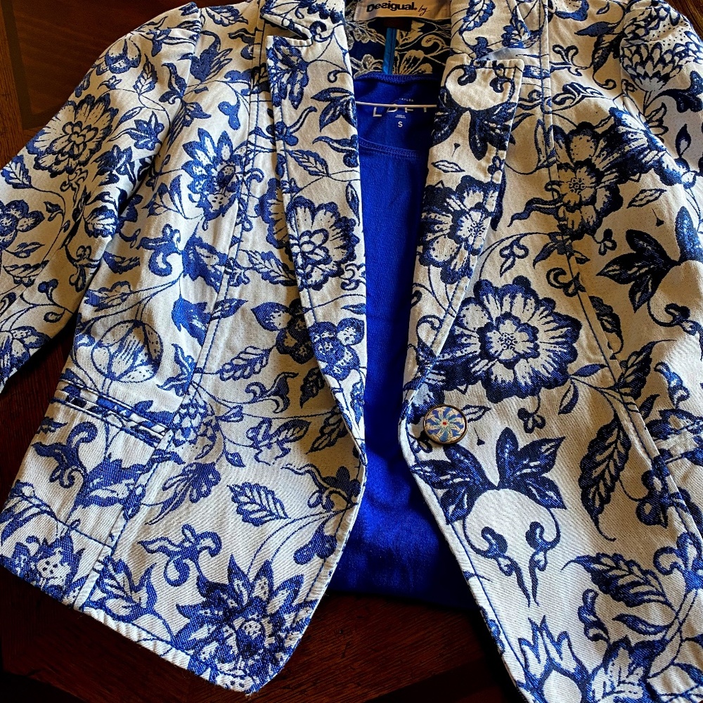 Desigual Embroidered Blue and White Floral Jacket